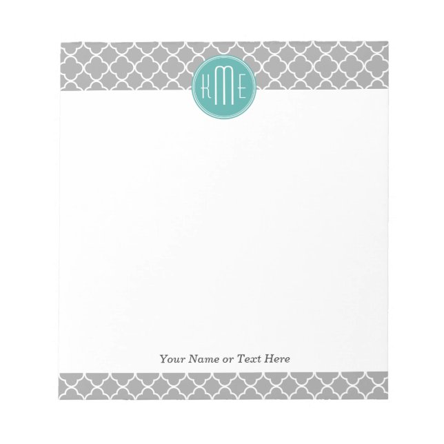 Gray Quatrefoil with Custom Mint Monogram Notepad (Front)