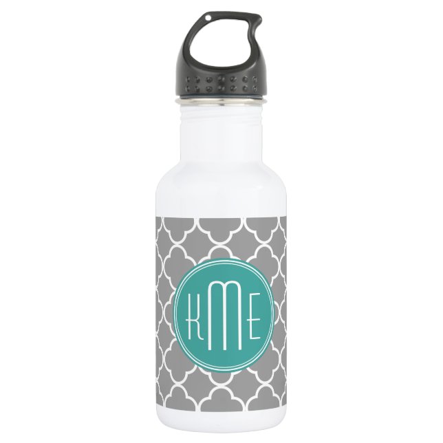 Gray Quatrefoil with Custom Mint Monogram Stainless Steel Water Bottle (Front)