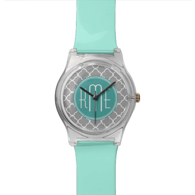 Gray Quatrefoil with Custom Mint Monogram Wristwatch (Close Up)