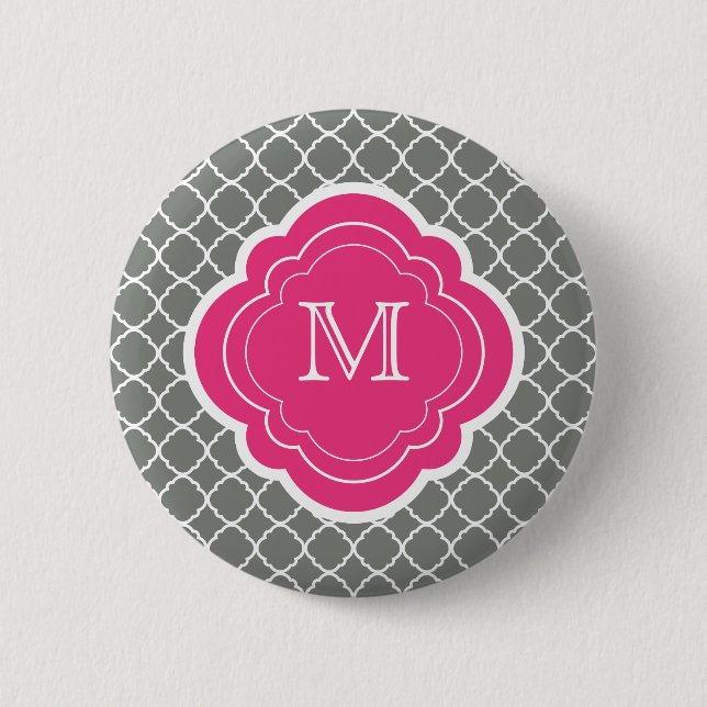 Gray Quatrefoil with Pink Monogram Pinback Button (Front)