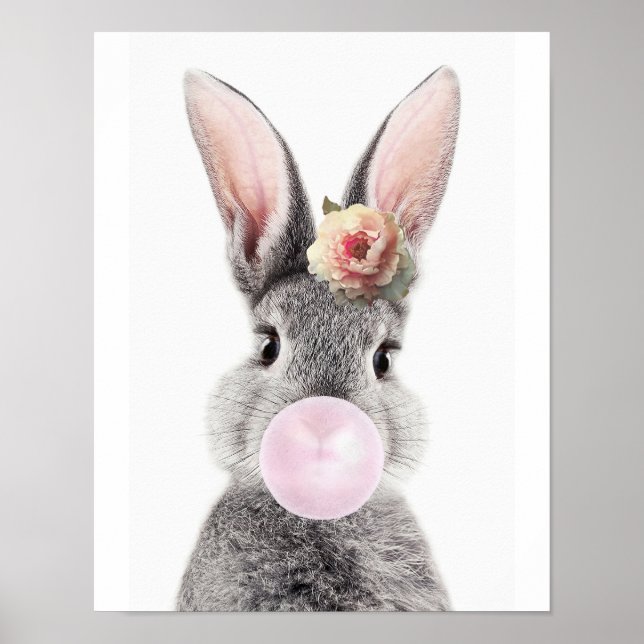 Gray rabbit blowing bubble gum anemone flower poster (Front)