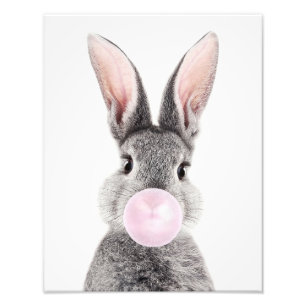 Gray rabbit blowing pink bubble gum photo print