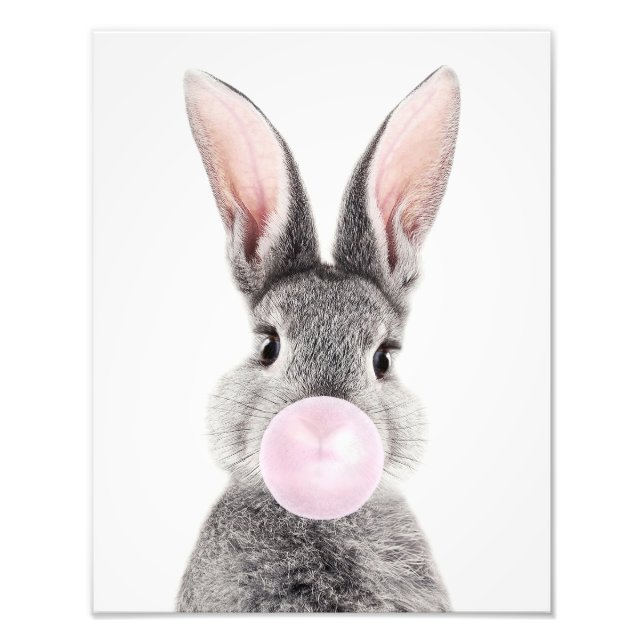 Gray rabbit blowing pink bubble gum photo print (Front)