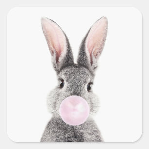Gray rabbit blowing pink bubble gum square sticker