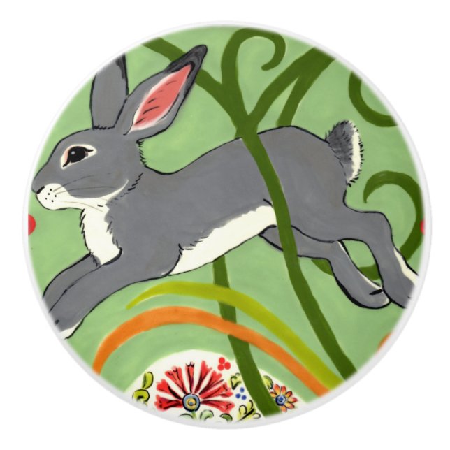 Gray Rabbit Green Vines Art Deco Drawer Pull Knob (Front)
