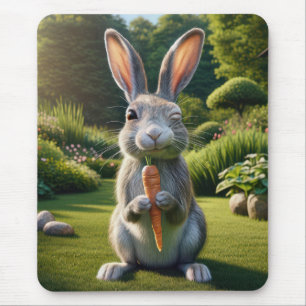 Gray Rabbit Holding a Carrot Mouse Pad