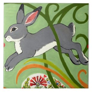 Gray Rabbit on Green Art Deco Designer Tile Trivet