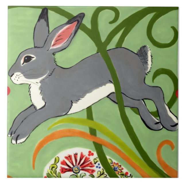 Gray Rabbit on Green Art Deco Designer Tile Trivet (Front)