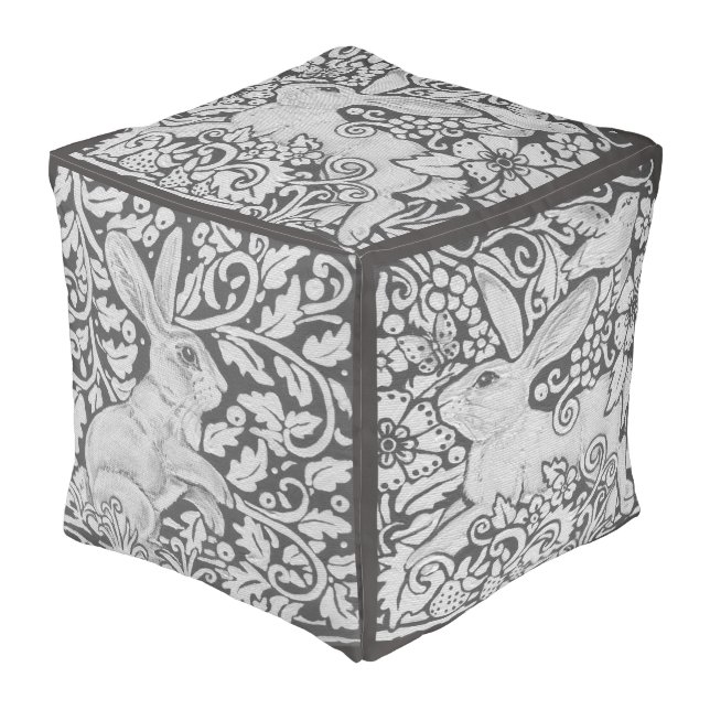 Gray Rabbit Ornate Footstool Pouf Home Accent Gift (Angled Front)