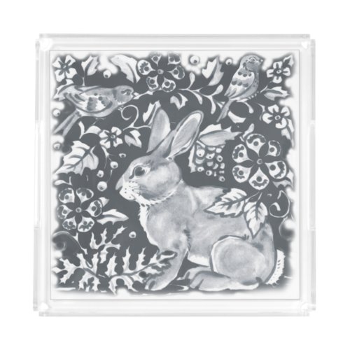 Gray Rabbit Woodland Bird Floral Intricate Neutral Acrylic Tray