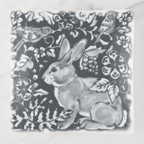 Gray Rabbit Woodland Bird Floral Intricate Neutral Trinket Tray