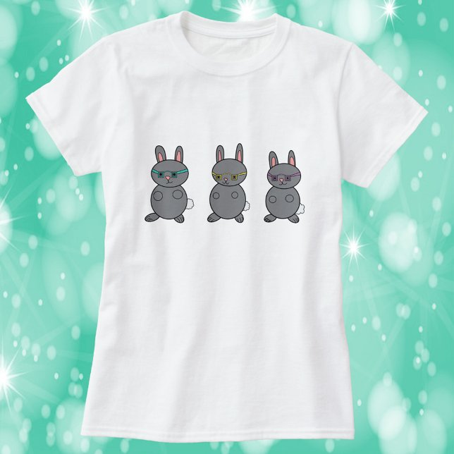 Gray Rabbits Wearing Glasses T-Shirt (A shirt with three gray bunny rabbits wearing glasses)