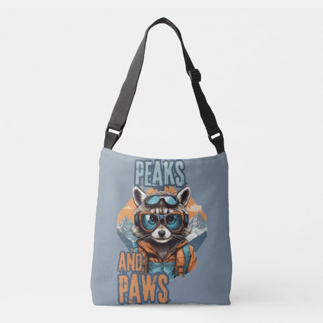Gray Raccoon and Peaks Illustration Crossbody Bag (Front)