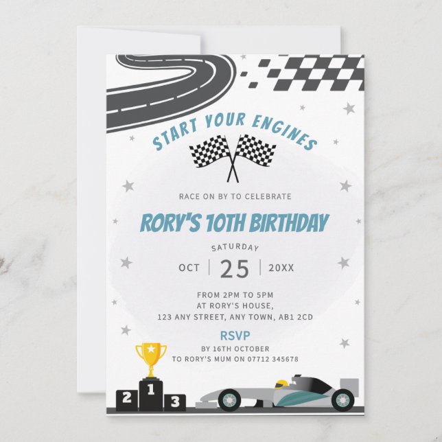 Gray Racing Car Birthday Party Invitation (Front)
