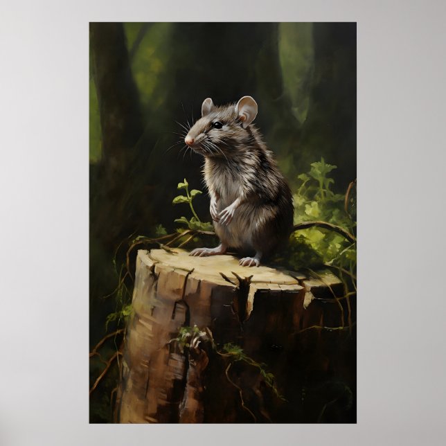 Gray Rat On Stump In Forest Wall Print, Dark Poster (Front)