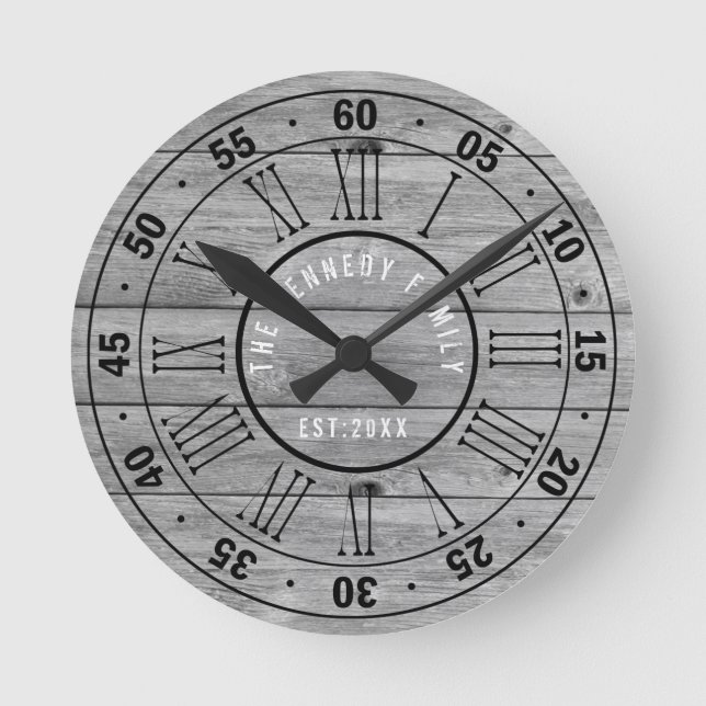 Gray Reclaimed Wood Family Name Farmhouse Round Clock (Front)