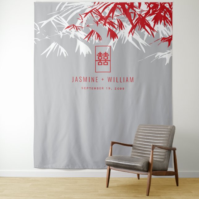 Gray & Red Bamboo Leaves Chinese Wedding Backdrop
