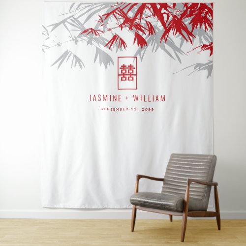 Gray  Red Bamboo Leaves Chinese Wedding Backdrop