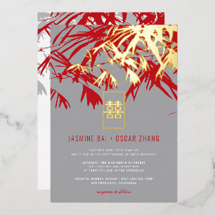 Gray & Red Bamboo Leaves Double Xi Chinese Wedding Foil Invitation