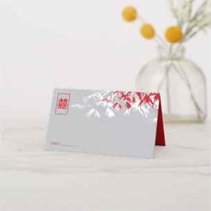 Gray & Red Bamboo Leaves Double Xi Chinese Wedding Place Card