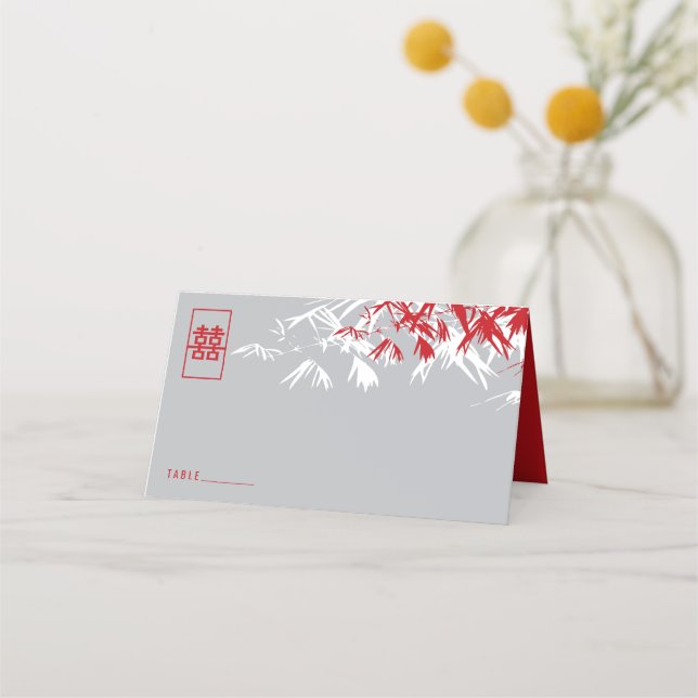 Gray & Red Bamboo Leaves Double Xi Chinese Wedding Place Card (Front)