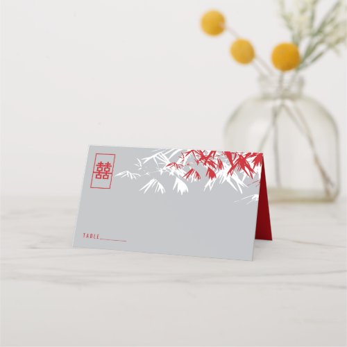 Gray  Red Bamboo Leaves Double Xi Chinese Wedding Place Card