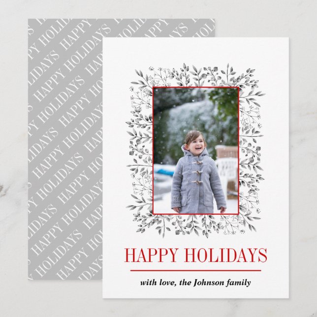 Gray red Berry leaf Happy Holidays Christmas photo Holiday Card (Front/Back)