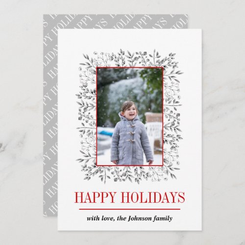 Gray red Berry leaf Happy Holidays Christmas photo Holiday Card