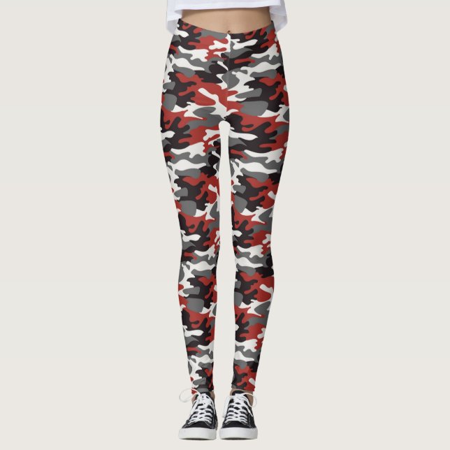 Gray, Red, Black & White Camouflage Leggings (Front)
