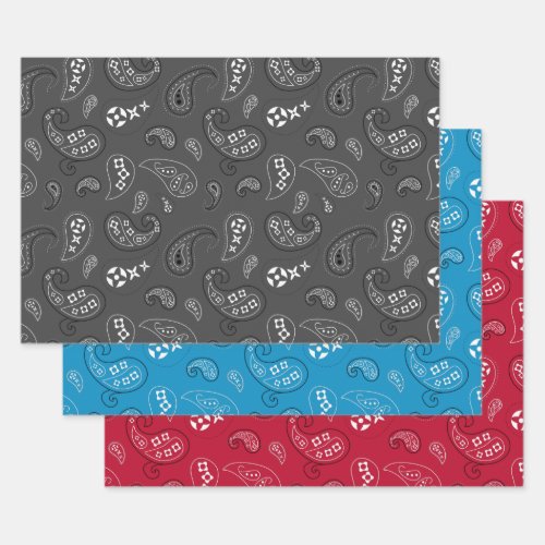 Gray Red Blue Paisley Bandana Assortment Wrapping Paper Sheets