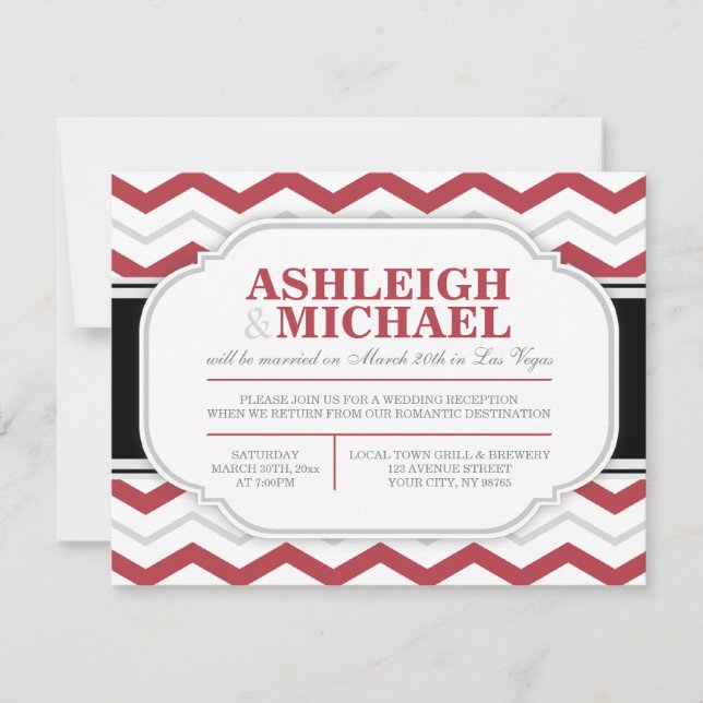 Gray & Red Chevron Wedding Reception ONLY Invitation (Front)