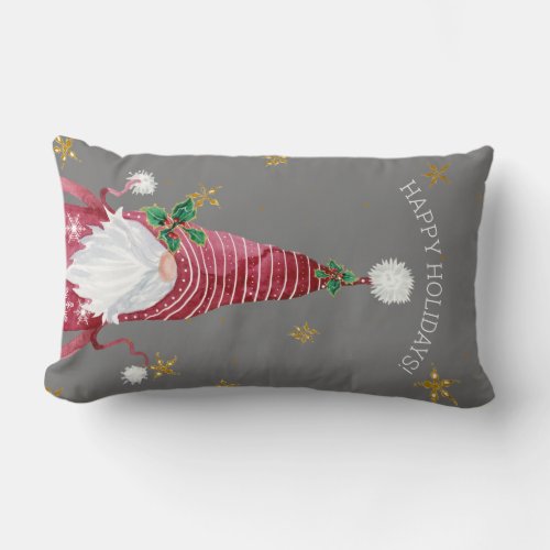 Gray Red Christmas Gnome Watercolor Holly Star Lumbar Pillow