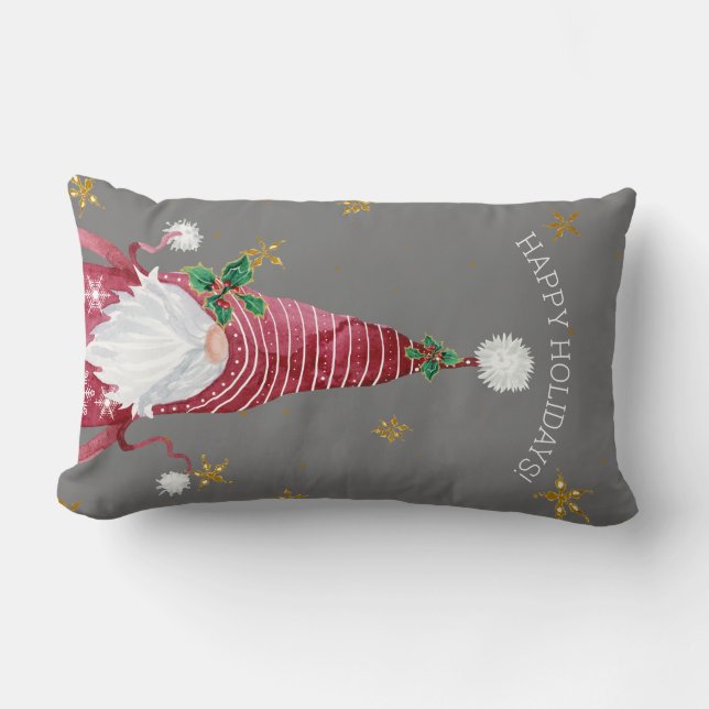 Gray Red Christmas Gnome Watercolor Holly Star Lumbar Pillow (Front)