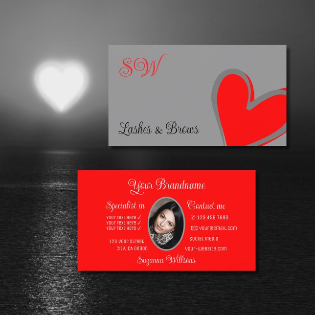 Gray Red Cute Heart Chic with Monogram and Photo Business Card (Creator Uploaded)