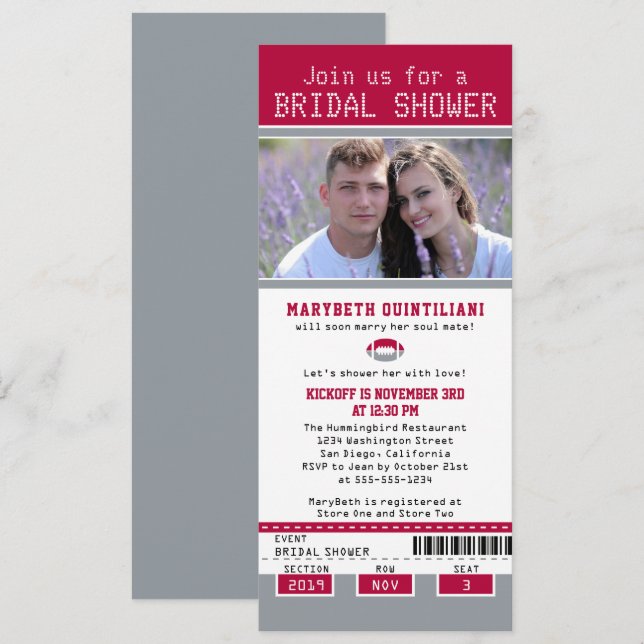 Gray Red Football Ticket Bridal Shower Invitation (Front/Back)