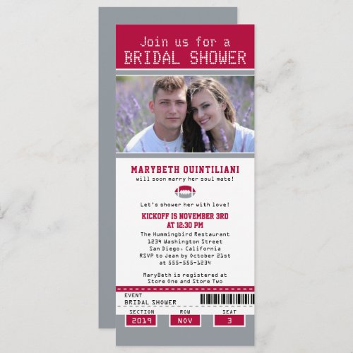 Gray Red Football Ticket Bridal Shower Invitation