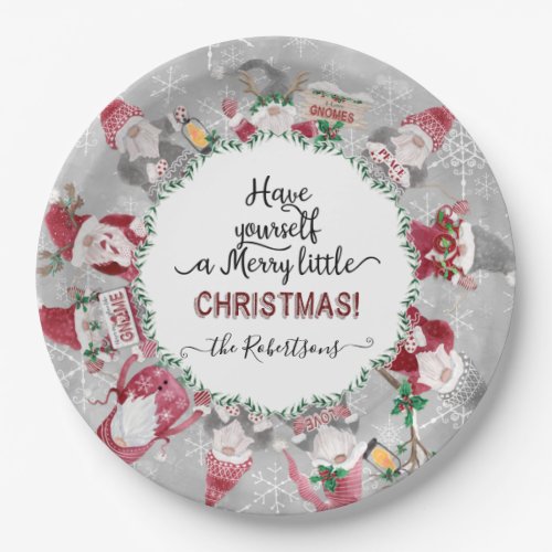 Gray Red Gnomes Merry Little Christmas Snowflakes Paper Plates