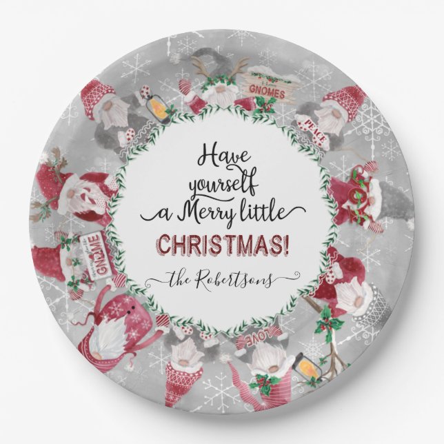 Gray Red Gnomes Merry Little Christmas Snowflakes Paper Plates (Front)