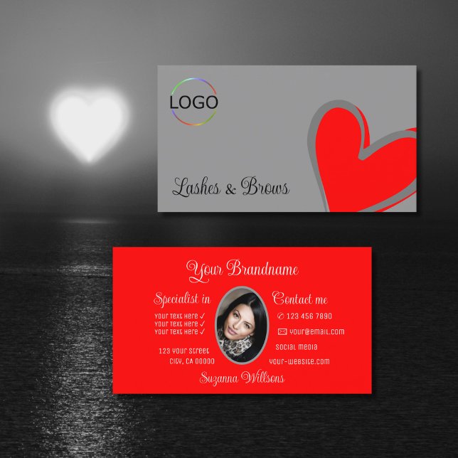 Gray Red Gorgeous Heart with Logo and Photo Cute Business Card (Creator Uploaded)
