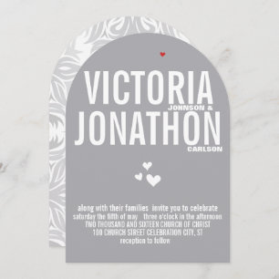 Gray Red Heart Gray Floral Typography Wedding Invitation