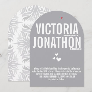 Gray Red Heart Gray Floral Typography Wedding Invitation