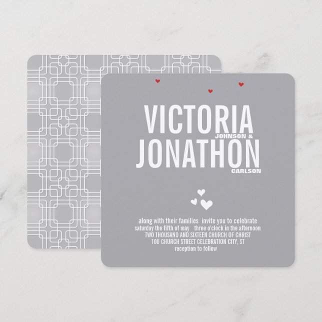 Gray Red Heart Modern Typography Wedding Invitation (Front/Back)