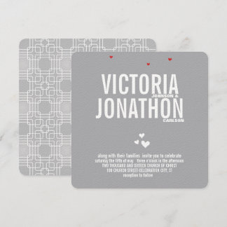 Gray Red Heart Modern Typography Wedding Invitation