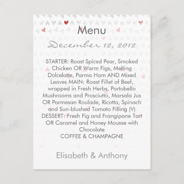 gray & red little hearts wedding menu (Front)