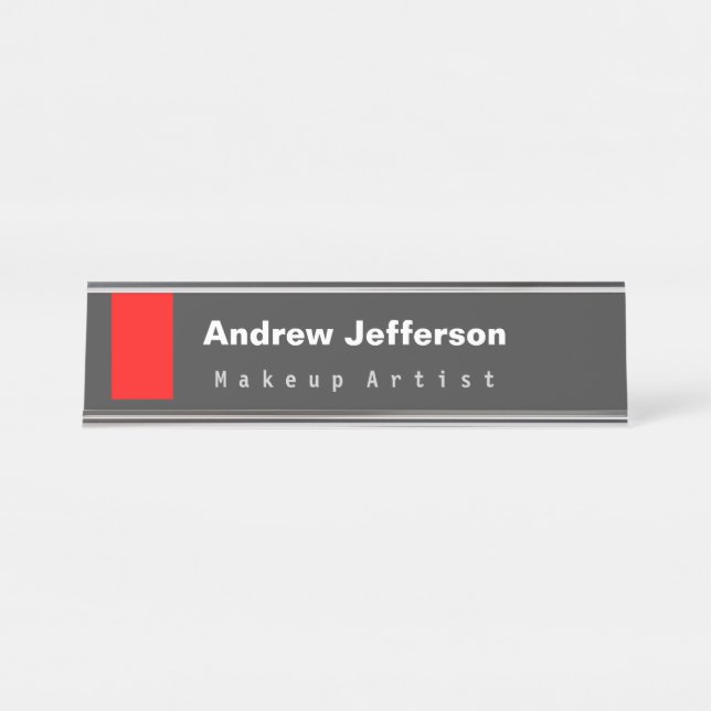 Gray Red Minimalist Modern Plain Remarkable Desk Name Plate (Front)