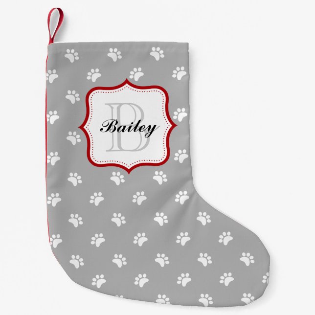 Gray Red Personalized Pet Name Christmas Small Christmas Stocking (Front)