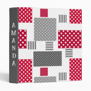 Gray red polka dot patchwork on white background 3 ring binder