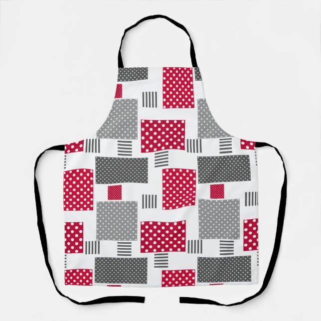 Gray red polka dot patchwork on white background apron (Front)