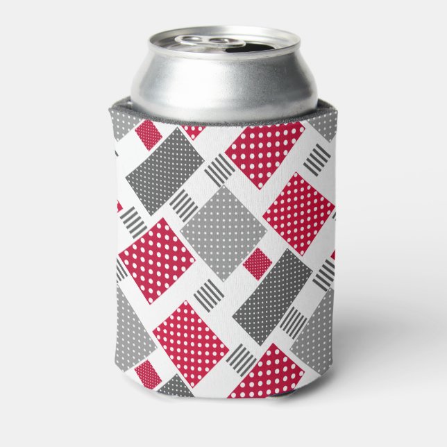 Gray red polka dot patchwork on white background can cooler (Can Back)