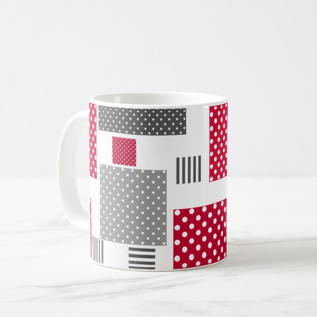 Gray red polka dot patchwork on white background coffee mug (Front Left)